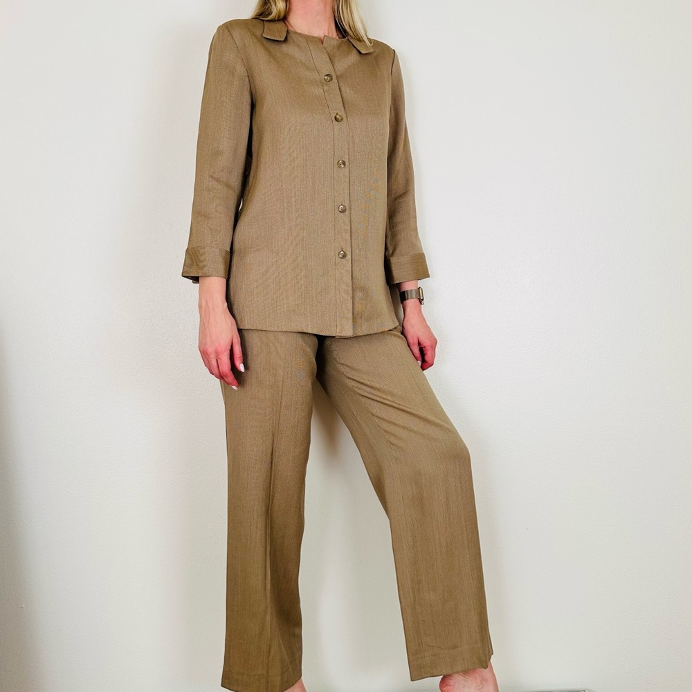 Vintage Linda Allard Ellen Tracy Wool Blend Button Down Shirt Straight Leg Pants